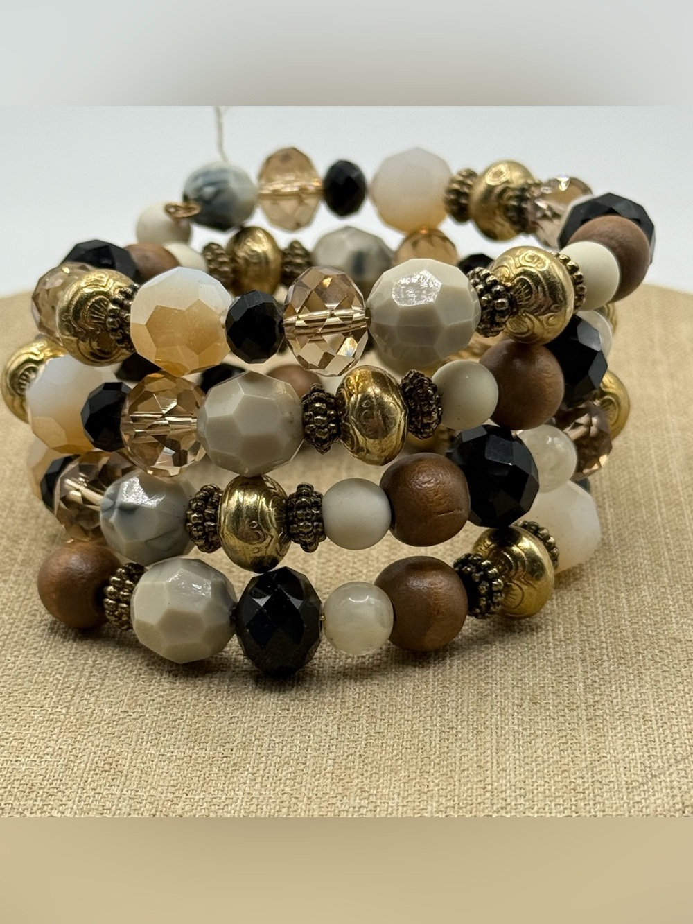 Beaded Multi-Strand Bracelet - Neutral Tones with Gold Accents